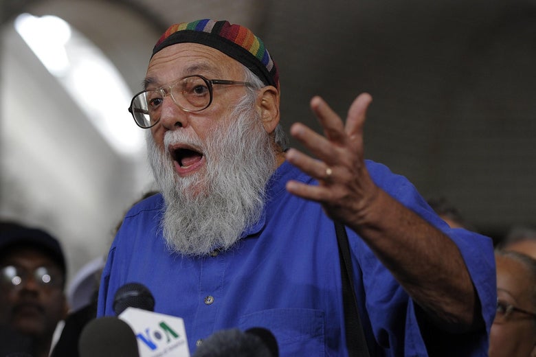 Rabbi Arthur Waskow of the Shalom Center (L) joins representatives of over 40 groups as they express support for allowing a Muslim cultural center to be built near ground zero during a news conference in Lower Manhattan on August 25, 2010.